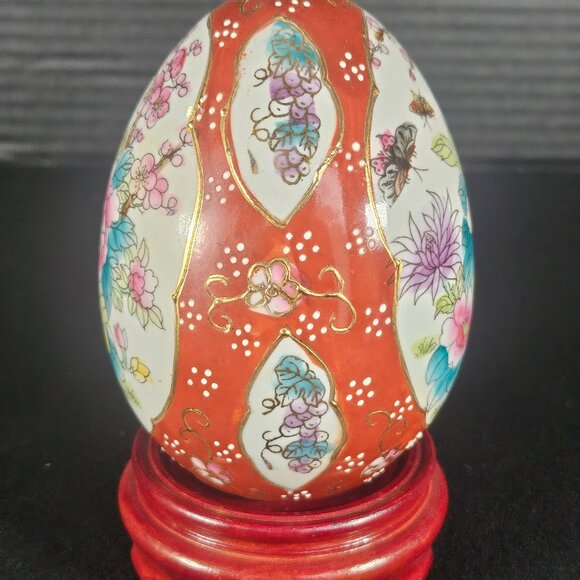Vintage Japanese Satsuma Style Ceramic Egg Oriental Hand Painted Floral Bouquet - Picture 3 of 9